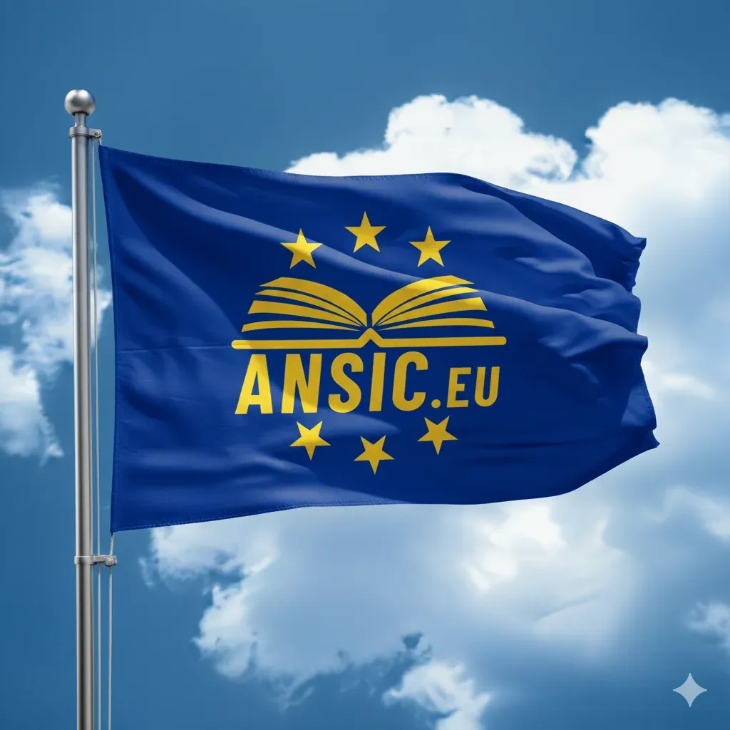 La bandiera ANSIC.eu che sventola contro un cielo azzurro: un libro aperto in giallo fra le stelle, su fondo blu, nella foggia della bandiera europea.